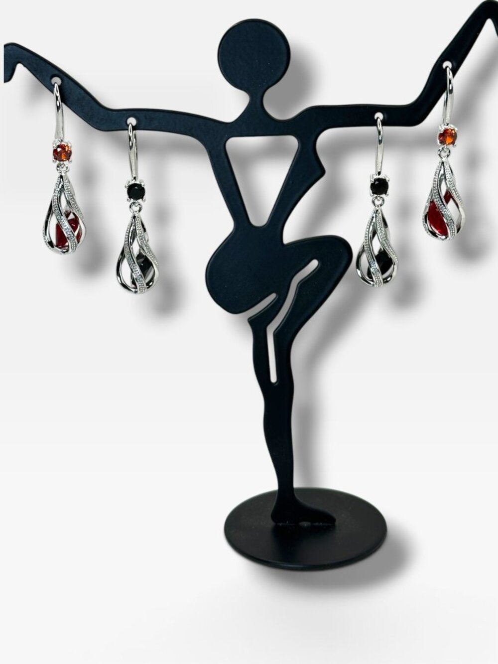 2 pr Elegant Silver Drop Earrings With Red Zirconia and Black Zirconia Stones An